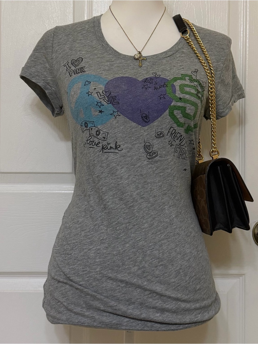 2000s vintage 2009 victoria secret pink peace heart & dollar sign graphic tee